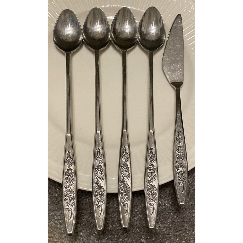 VTG Eldan ELD18 Stainless Steel Flatware Japan Roses 4 Ice Tea Spoons + 1 Knife